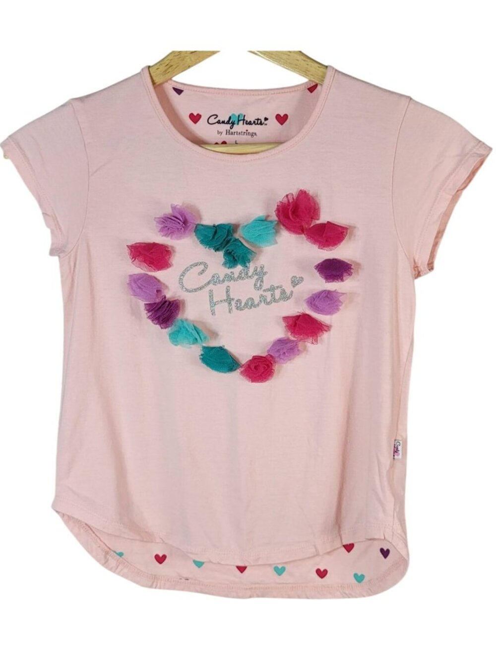 Candy Hearts by Hartstrings Girls Top Pink Large Tulle Round Neck Short Sleeve